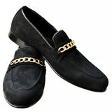 Manzoni Handmade Crafted Black Suede Chain Loafers - Manzoni